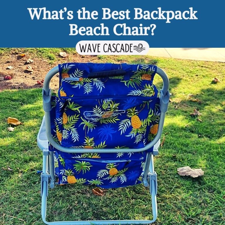 image says 'what's the best backpack beach chair?' with an image of a tommy bahama backpack beach chair on grass