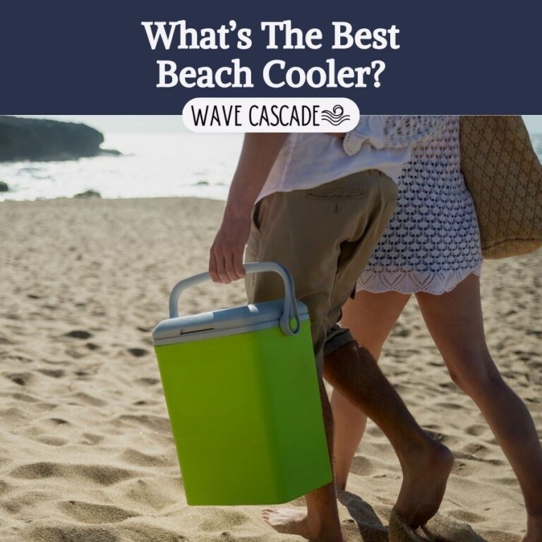 image says "what's the best beach cooler?" with an image of a couple carrying a green cooler